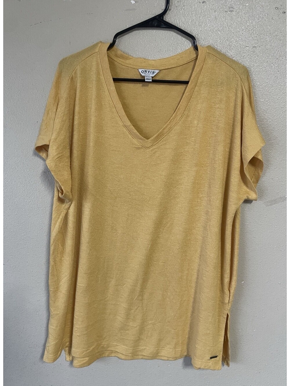 Plus Size Blouse Orvis XXL 2XL Yellow V Neck Short Sleeve